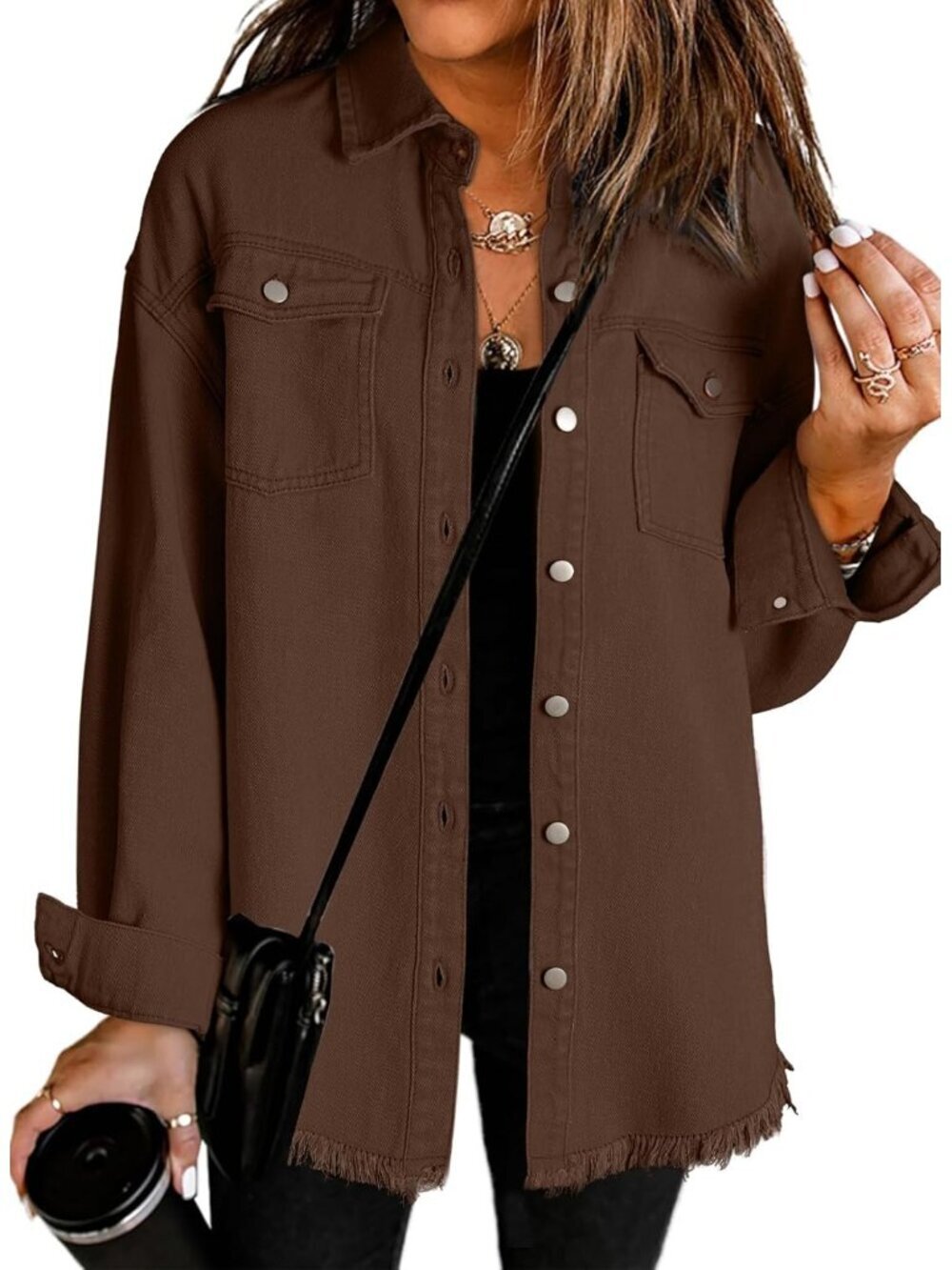 Women's Oversized Denim Jacket Casual Long Sleeve Denim Shirts Jean Jacket Brown